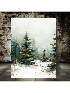 a painting of trees in the snow on a brick wall with a light shining through it