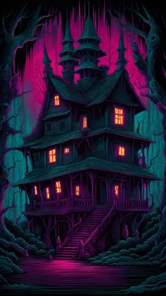 an illustration of a creepy house in the woods with stairs leading up to it's roof