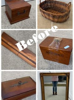 several pictures of an old wooden box and mirror