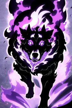 a purple and black wolf with flames coming out of it's back paws, in front of a gray background