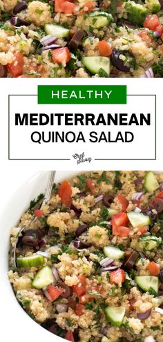 healthy mediterranean quinoa salad in a white bowl