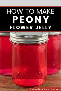 how to make peony flower jelly in mason jars with text overlay that reads, how to make peony flower jelly