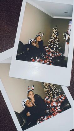 two polaroid pictures of people sitting in front of a christmas tree