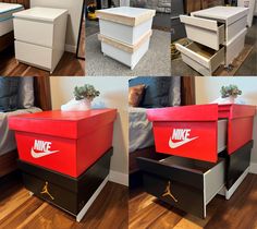 several photos of different types of furniture with the same logo on them, and one has a shoe box in it