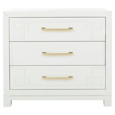 a white dresser with gold handles on it's sides and two drawers in the middle