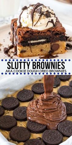 two pictures with oreo cookies and a slice of brownie cake on the bottom