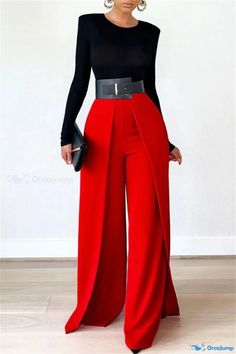 OrcaJump - Womens Red Solid Color Casual Straight High-Waist Patchwork Pants High Waisted Wide Leg Pants, Casual Chic Style, Fashion Mode, Straight Leg Pants, High Waisted Pants, Look Fashion, Classy Outfits, Bottoms Pants, Work Outfit