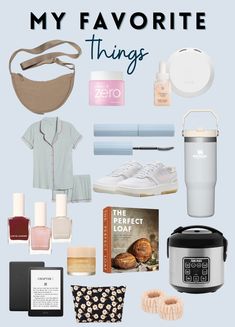 the contents of a woman's travel bag with text that reads, my favorite things