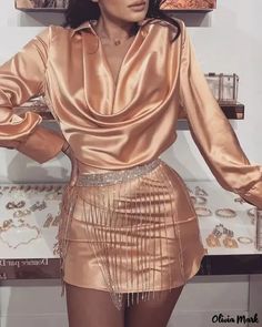 Olivia Mark - Beltless Cowl Neck Long Sleeve Satin Shirt Dress Cowl Neck Dress With Sleeves, Dress With Sleeves Pattern, Gold Shirt Dress, Sheer Mesh Bodycon Dress, Satin Bodycon Dress, Satin Shirt Dress, Satin Long Sleeve, Chic Type, Cowl Neck Long Sleeve