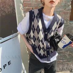 Lasaky - Lattice Knitted Vest with Loose Fit Sleeveless Sweater Vest for Casual and Academic Wear Preppy Vest, Sleeveless Sweater Cardigan, Plaid Sweater Vest, Cardigan Rosa, Cardigan Y2k, Sleeveless Sweater Vest, Navy Outfit, Plaid Sweater, Classic Sweater