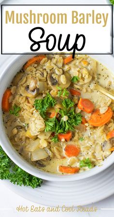 mushroom barley soup in a white bowl with carrots and parsley