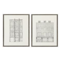 two framed drawings of buildings in black and white, each with a building's windows