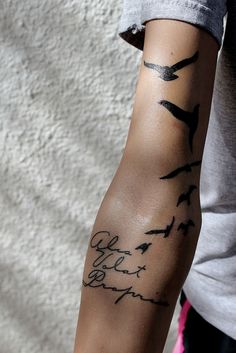 a person with a tattoo on their arm that has birds flying in the sky above them