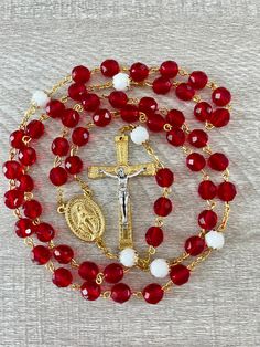 Gold Caps, The Rosary, Eye Pins, Czech Crystal, Czech Beads, Bead Caps, Red Glass, Gold Plated Chains, Rosary