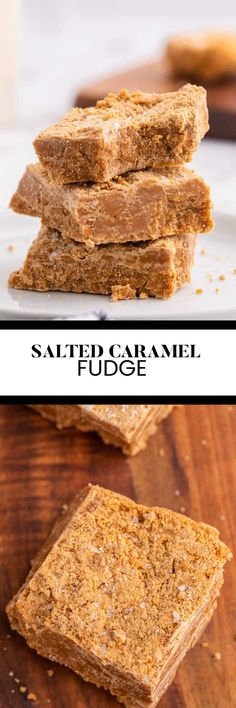 several pieces of bread stacked on top of each other with the words salted caramel fudge over them