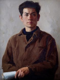 an oil painting of a man in brown jacket holding a white object with his right hand