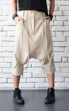 Linen Drop Crotch Pants - METP0030 Product info: - linen harem pants - extravagant design - loose fitting - baggy pants - linen pants - zipper and button closure - two side pockets - decorative ties - midi length - perfect for summer - made of 100% natural linen fabric - midi length about 77 cm / 30.5 in Please NOTE that those pants are originally made with a slightly lower waist which is achieved by adding about 2 cm / 0.8 inches to the waistline. EXAMPLE: If you order size L which has a waist Beige Linen Pants, Summer Linen Pants, Linen Harem Pants, Maxi Pants, Pants Linen, Drop Crotch Pants, Pants Plus Size, Beige Pants, Pants Loose