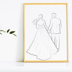 a line drawing of a bride and groom holding hands