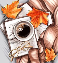 a cup of coffee next to some autumn leaves