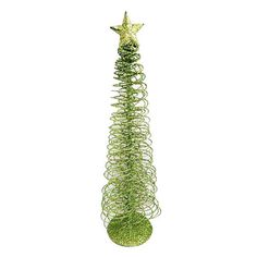 a green spiral christmas tree with a star on top