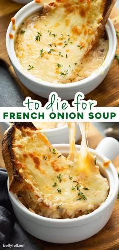 two bowls filled with french onion soup on top of a wooden cutting board and topped with cheese