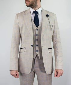 Men's Cream Three Piece Slim Fit Cavani Caridi Suit for Weddings and Race Days Look polished, classic, and comfortable to say the least in this expertly tailored Caridi suit. Cavani Caridi 3 Piece Cream Check Suit will sum up the look and features of and elegant wedding suit. Specially designed keeping the summer vintage inspired weddings in mind, Cavani Caridi Suit will help you strike the balance of elegance and the relaxed mood that is the favourite theme of weddings. The fabric is light weig 3piece Suit Men Wedding, 3piece Suit Men, Sky Blue Suit, Ivory Suit, Peaky Blinders Suit, Made To Measure Suits, Mens Jean Shorts, Beige Suits, Mens Blazer Jacket