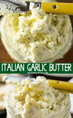 there is a jar with some food in it and the words italian garlic butter on top