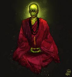 a drawing of a skeleton sitting in the middle of a dark room with green light coming from its eyes