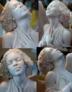 four pictures of a white statue with curly hair and hands on her chest, in different positions