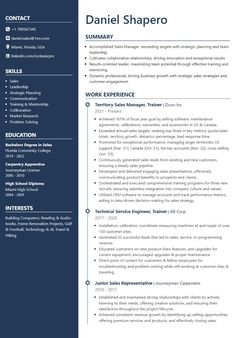 a professional resume template for an experienced sales representative, it includes blue and white colors