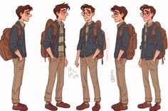 a man with glasses and a backpack is standing in different positions to look at something