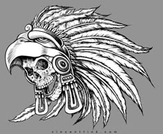 a skull with feathers on it's head