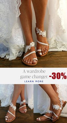 two women's feet wearing sandals with lace on them and the words, game changer - 30 % off learn more