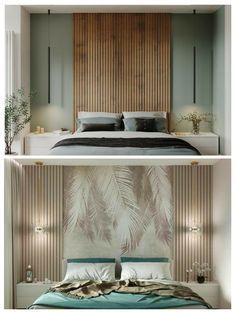 two pictures of the same bed in different rooms, each with its own headboard