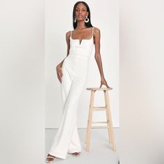 Lulus Cheers To Chic Ivory Sleeveless Wide-Leg Jumpsuit Perfect For Bridal Events, Wedding, Formal Party, Cocktail, Evening Outfit, Dress Up Or Down, Night Out, Vegas Nwt Size S In Great Condition Smoke Free Home Measurements Ptp 15” Waist 28” Length From Armpit 52” Inseam 32.5” Outseam 45” White Jumpsuit Wedding Lulus, Bridal Jumpsuit Lulus, White Two Piece Outfit, Jumpsuit Lulus, White Jumpsuit Wedding, Lulus Bridal, Lulus Jumpsuit, Rehearsal Dinner Outfits, Lulu Pants