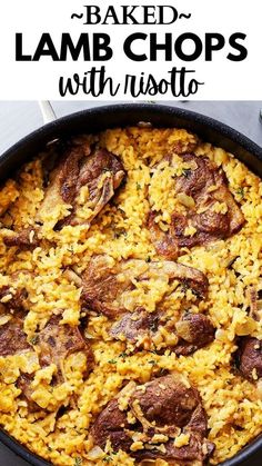 baked lamb chops with risoto in a skillet