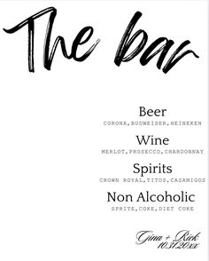 the bar menu with wine, spirits and non alcoholic beverages in black ink on white paper