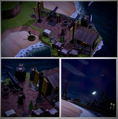 three different views of a small house on the beach at night and in the moonlight