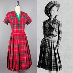 Gorgeous 1950s dress by quality juniors label Mam'selle by Betty Carol, in a vibrant red & green plaid.  * Pert short sleeves * Flattering V neckline with vibrant green insert  * Fitted bodice  * Full pleated skirt  * Closes with a back metal zipper and hook & eye panel over the back waist * Fabric looks like wool but is a synthetic blend (viscose/orlon) - perfect for those of us who find wool too itchy!  I believe this dress to be the one shown in the two ads from 1959, as the scale and placeme Vintage 1950s Dresses, Scottish Tartans, 1950s Dress, Green Plaid, 50s Fashion, Green Fabric, Fitted Bodice, Vibrant Red, Fit Flare Dress