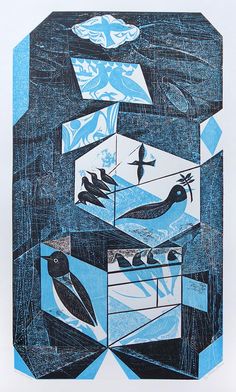 an abstract painting with birds and boxes in blue, black and white colors on paper