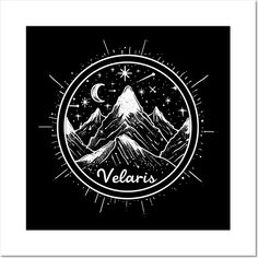 a black and white drawing of mountains with stars