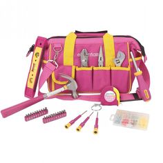 a pink tool bag with tools in it