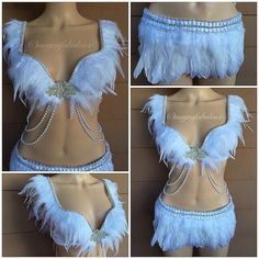 four pictures of a woman's white feather bra with beads and pearls on it