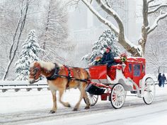 a horse drawn carriage traveling down a snow covered road with the words go on a sleigh ride