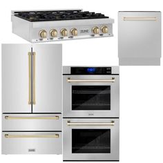 an oven, stove and refrigerator are shown with gold trimmings on the doors