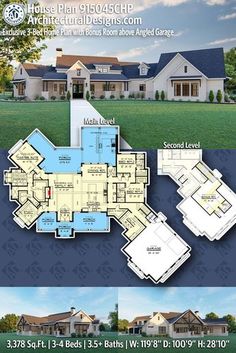 House Plan 915045CHP gives you 3300 square feet of living space with 3 - 4 bedrooms and 3.5+ baths Master Bed Plans, Kitchen Diner Family Room Plans, 3 Bed 3.5 Bath Open Floor Plans, Master Bed And Bath Layout Farmhouse, Basketball House, Dream House Layout, Angled Garage, Family Bedroom, Chef's Kitchen