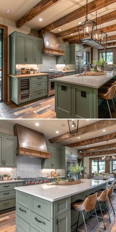 two pictures of a kitchen with green cabinets and wood beams on the ceiling, an island in the middle