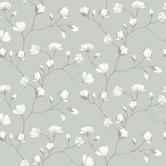 a wallpaper with white flowers on a light blue background, in shades of grey and white