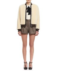 Chloe Teddy Bear Shearling Bomber Jacket, White | Neiman Marcus Silk Shirt, Matching Items, Shirt White, Neck Tie, Neiman Marcus, Chloe, White Black, White And Black, Bomber Jacket