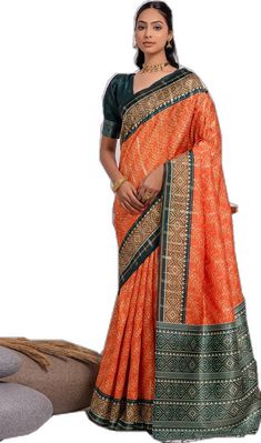 Slub Silk Saree With Detailed Pallu, Navratri Orange Slub Silk Saree, Orange Slub Silk Saree For Navratri, Diwali Orange Slub Silk Saree, Orange Art Silk Traditional Wear With Bandhani Print, Orange Bandhani Print Traditional Wear In Art Silk, Orange Saree For Eid, Tussar Silk Blouse With Bandhani Print, Orange Katan Silk Blouse Piece